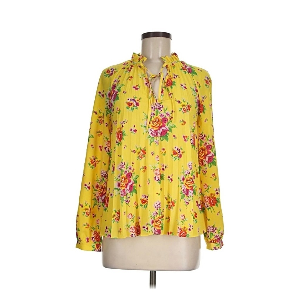 & Other Stories Paris Atelier Yellow Floral Pleated Tie Neck Blouse Womens US 6